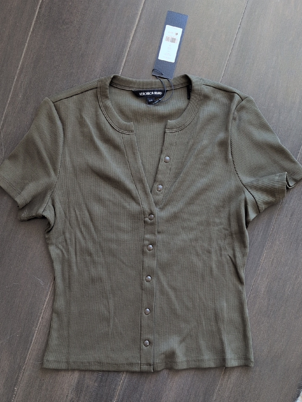 Veronica Beard Olive Ribbed Snap-Front Tee